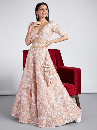 Peach Organza Lehenga Choli Set with Sequins, Zari & Thread Embroidery ClothsVilla