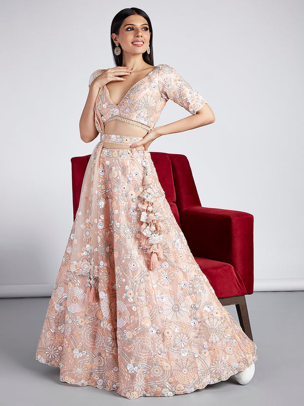Peach Organza Lehenga Choli Set with Sequins, Zari & Thread Embroidery ClothsVilla