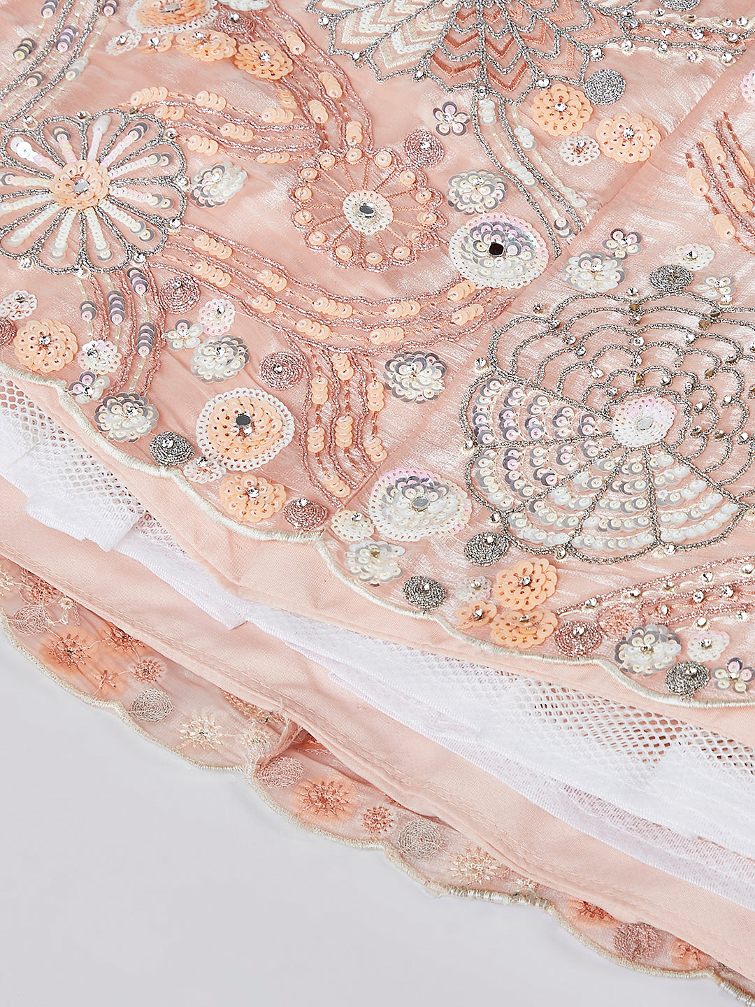 Peach Organza Lehenga Choli Set with Sequins, Zari & Thread Embroidery ClothsVilla