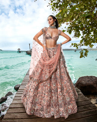 Peach Organza Sequins, Moti and thread embroidery Semi-Stitched Lehenga choli & Dupatta Clothsvilla