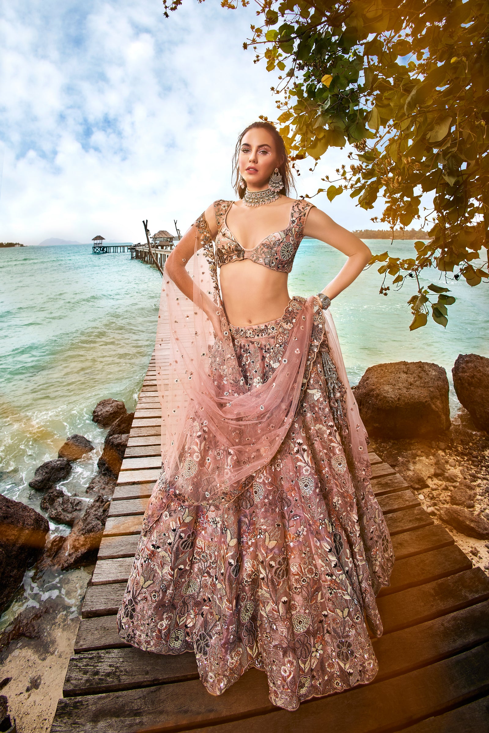 Peach Organza Sequins, Moti and thread embroidery Semi-Stitched Lehenga choli & Dupatta Clothsvilla