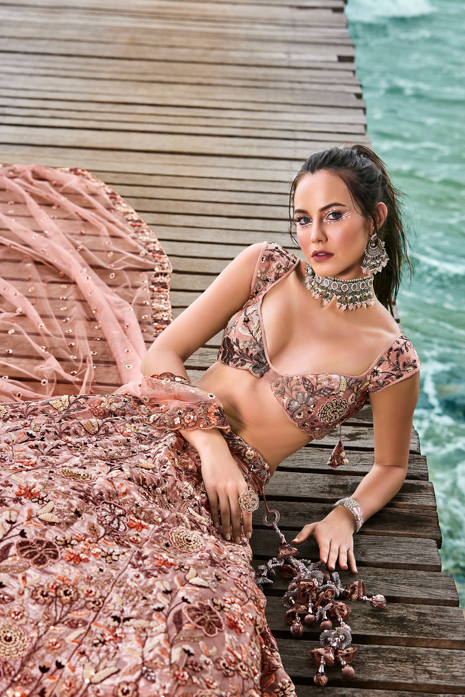 Peach Organza Sequins, Moti and thread embroidery Semi-Stitched Lehenga choli & Dupatta Clothsvilla