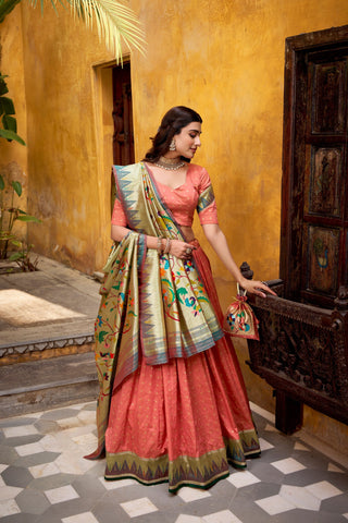 Peach Paithani Lehenga Set with Batwa ClothsVilla