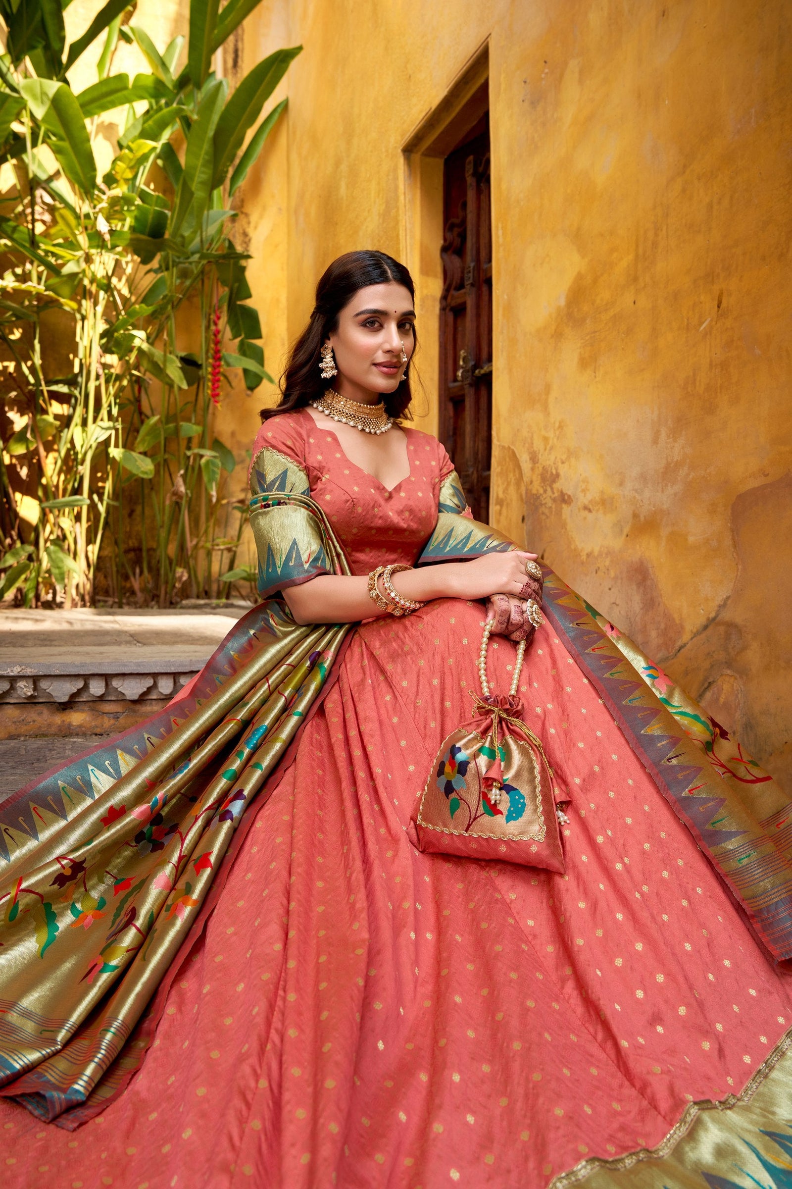 Peach Paithani Lehenga Set with Batwa ClothsVilla