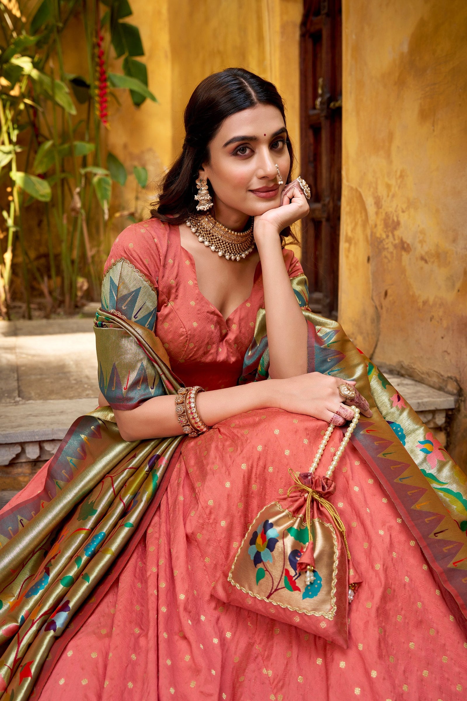 Peach Paithani Lehenga Set with Batwa ClothsVilla