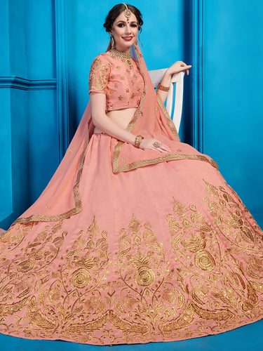 Peach Pakistani Art Silk Lehenga Choli For Indian Festival & Weddings - Sequence Embroidery Work, Zari Work Clothsvilla