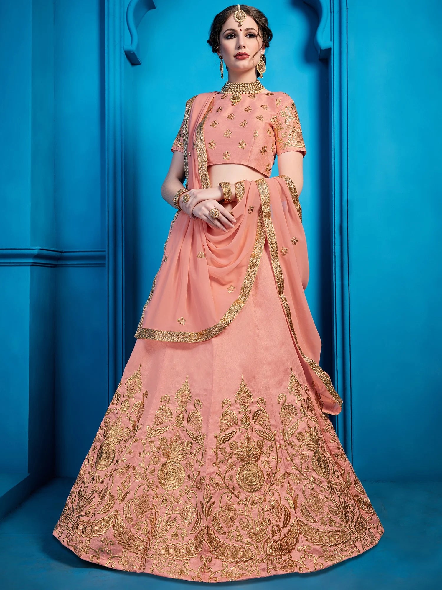 Peach Pakistani Art Silk Lehenga Choli For Indian Festival & Weddings - Sequence Embroidery Work, Zari Work Clothsvilla Main image