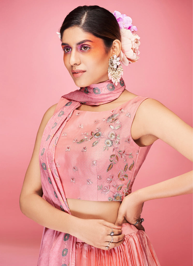 Peach Pakistani Art Silk Lehenga Choli For Indian Festival & Weddings - Thread Embroidery Work, Clothsvilla