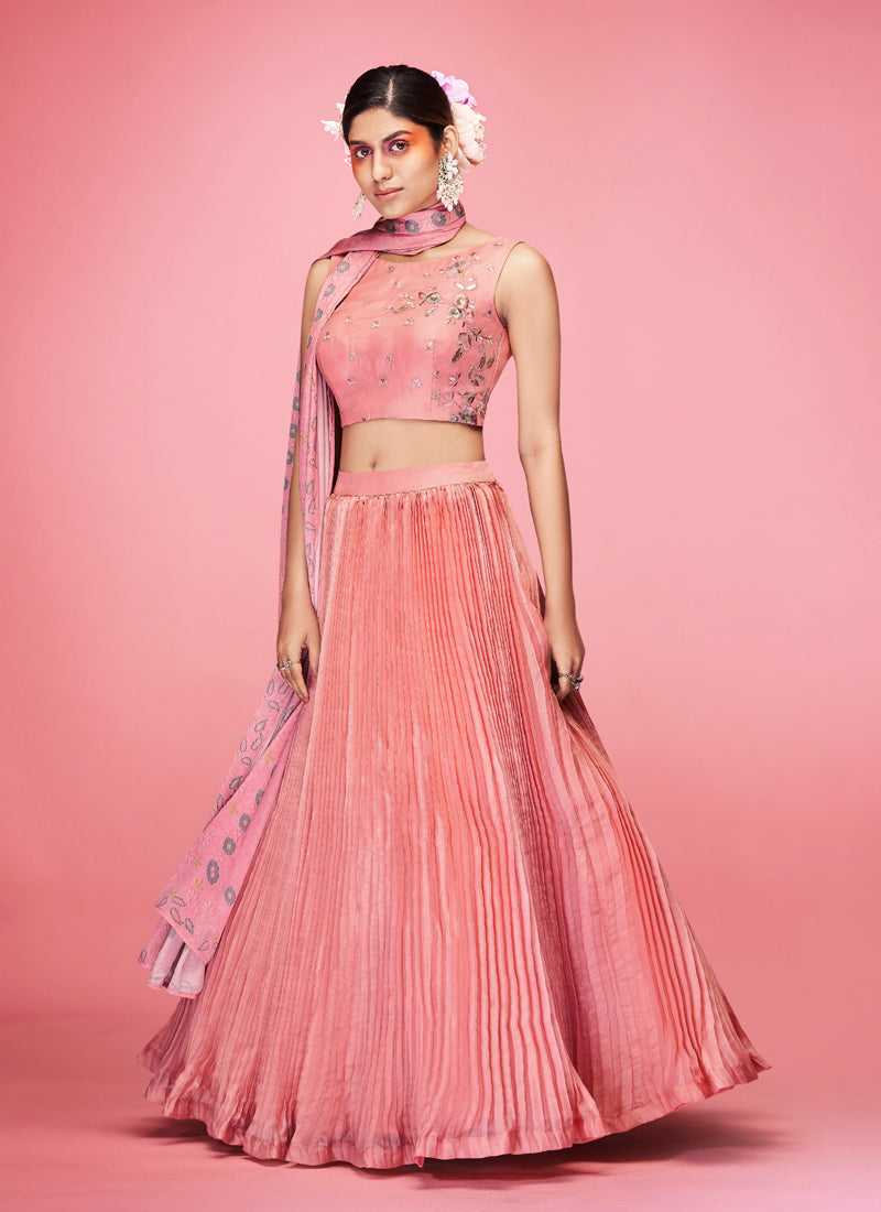 Peach Pakistani Art Silk Lehenga Choli For Indian Festival & Weddings - Thread Embroidery Work, Clothsvilla Main image