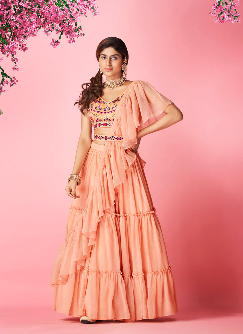 Peach Pakistani Art Silk Lehenga Choli For Indian Festival & Weddings - Thread Embroidery Work, Clothsvilla