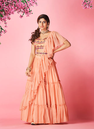 Peach Pakistani Art Silk Lehenga Choli For Indian Festival & Weddings - Thread Embroidery Work, Clothsvilla