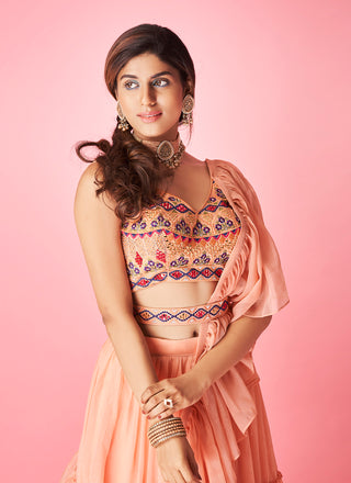 Peach Pakistani Art Silk Lehenga Choli For Indian Festival & Weddings - Thread Embroidery Work, Clothsvilla