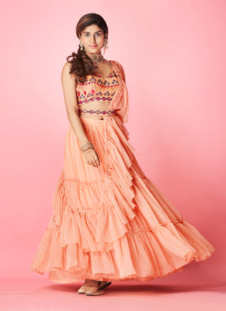 Peach Pakistani Art Silk Lehenga Choli For Indian Festival & Weddings - Thread Embroidery Work, Clothsvilla