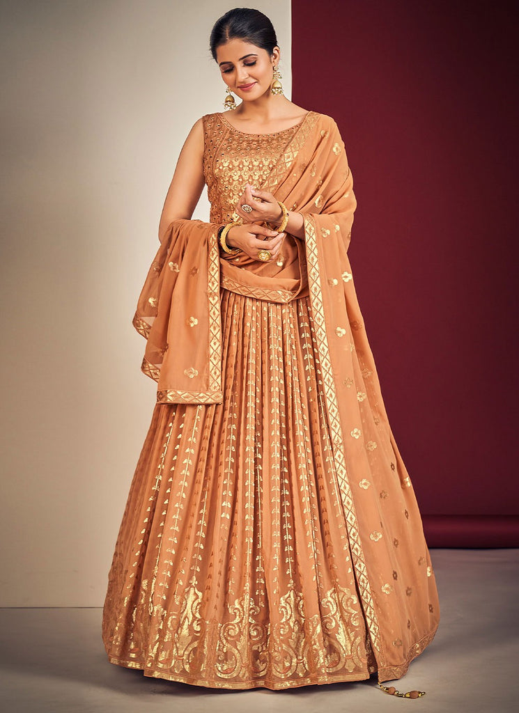 Peach Pakistani Georgette Lehenga Choli For Indian Festivals & Weddings - Sequence Embroidery Work, Mirror Work Clothsvilla