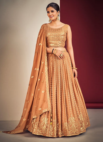 Peach Pakistani Georgette Lehenga Choli For Indian Festivals & Weddings - Sequence Embroidery Work, Mirror Work Clothsvilla