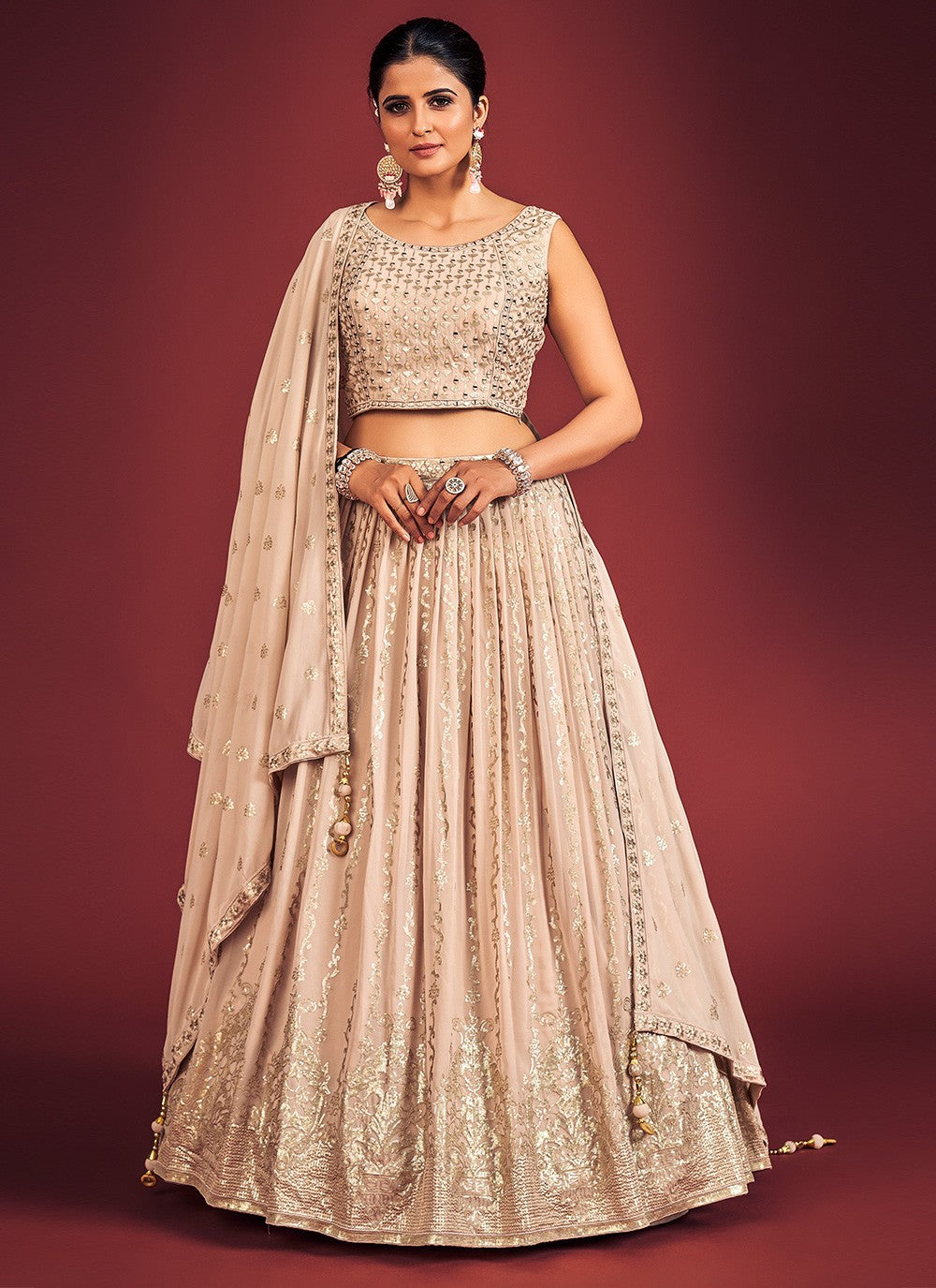 Peach Pakistani Georgette Lehenga Choli For Indian Festivals & Weddings - Sequence Embroidery Work, Mirror Work Clothsvilla Main image