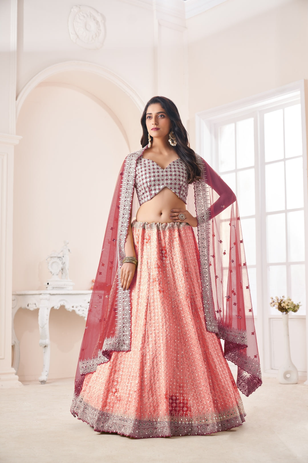 Shimmering Peach Party Wear Lehenga Choli Set - Embroidered Elegance ClothsVilla Main image