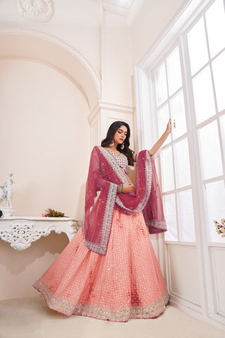 Shimmering Peach Party Wear Lehenga Choli Set - Embroidered Elegance ClothsVilla