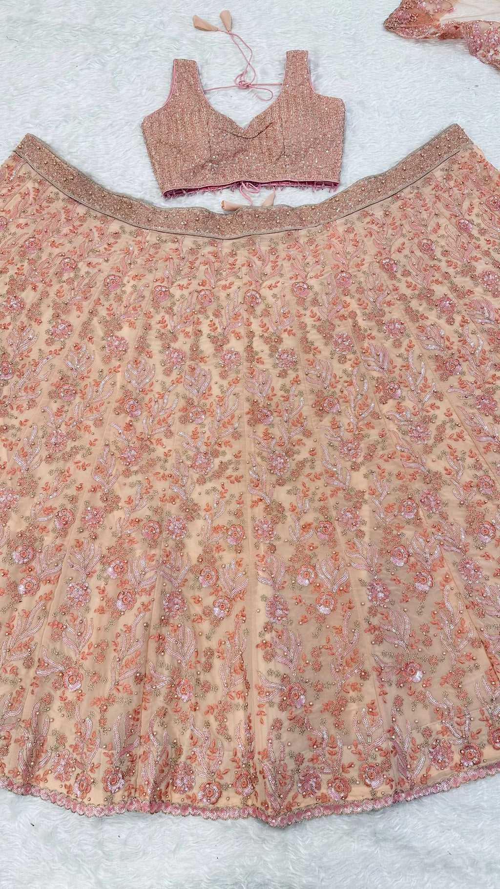 Peach Pastel Georgette Lehenga Set with Sequins, Dori & Pearl Beads Work ClothsVilla