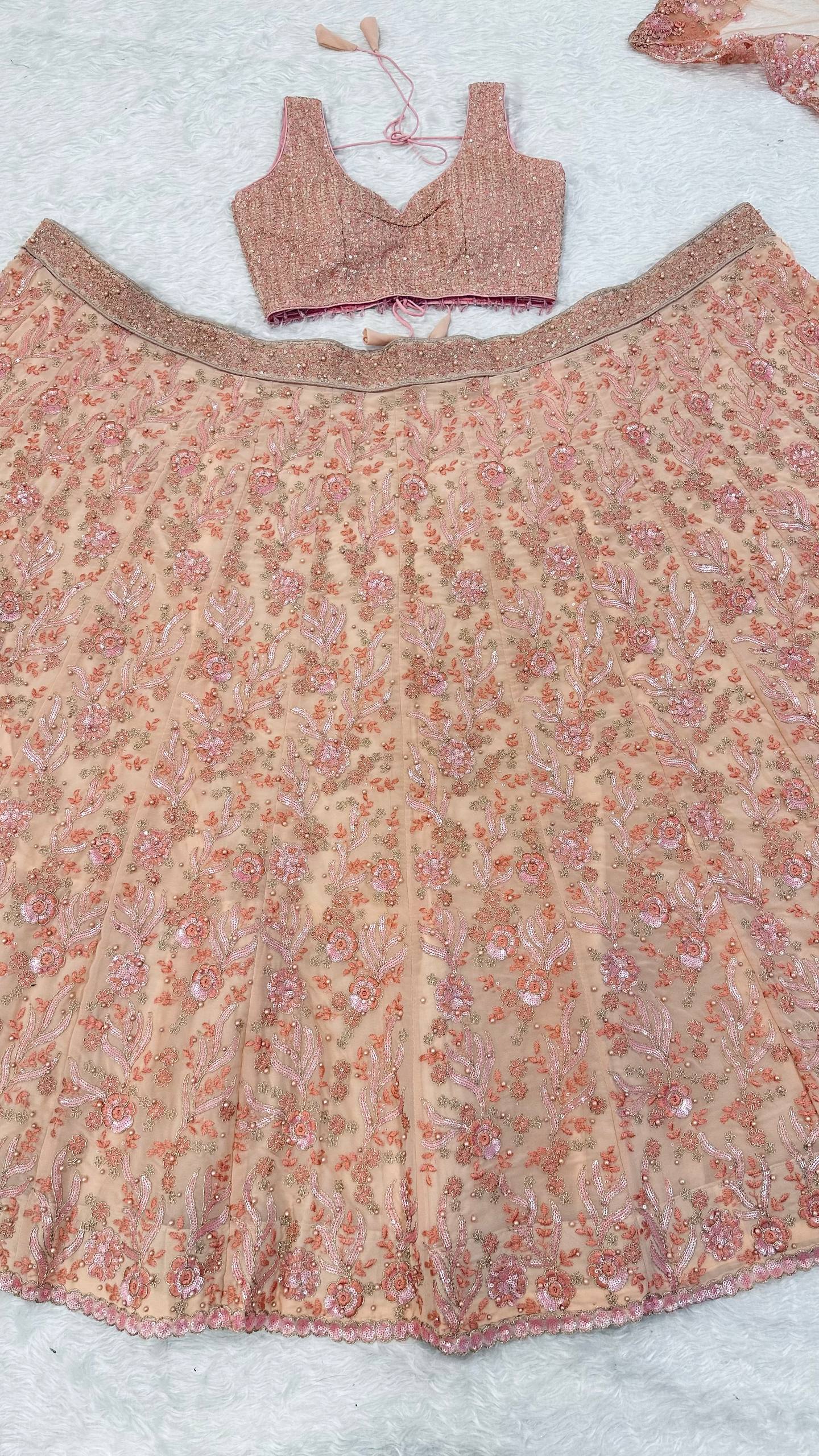 Peach Pastel Georgette Lehenga Set with Sequins, Dori & Pearl Beads Work ClothsVilla