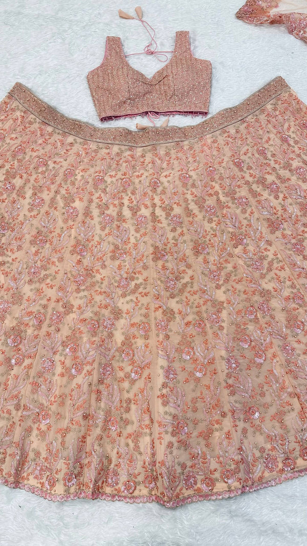 Peach Pastel Georgette Lehenga Set with Sequins, Dori & Pearl Beads Work ClothsVilla