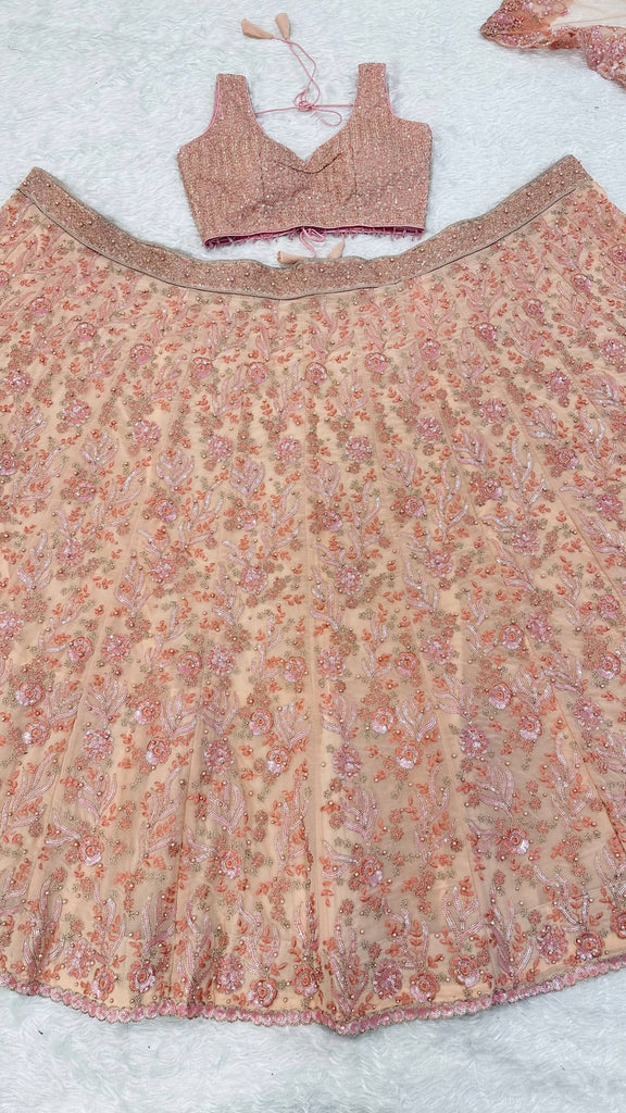 Peach Pastel Georgette Lehenga Set with Sequins, Dori & Pearl Beads Work ClothsVilla