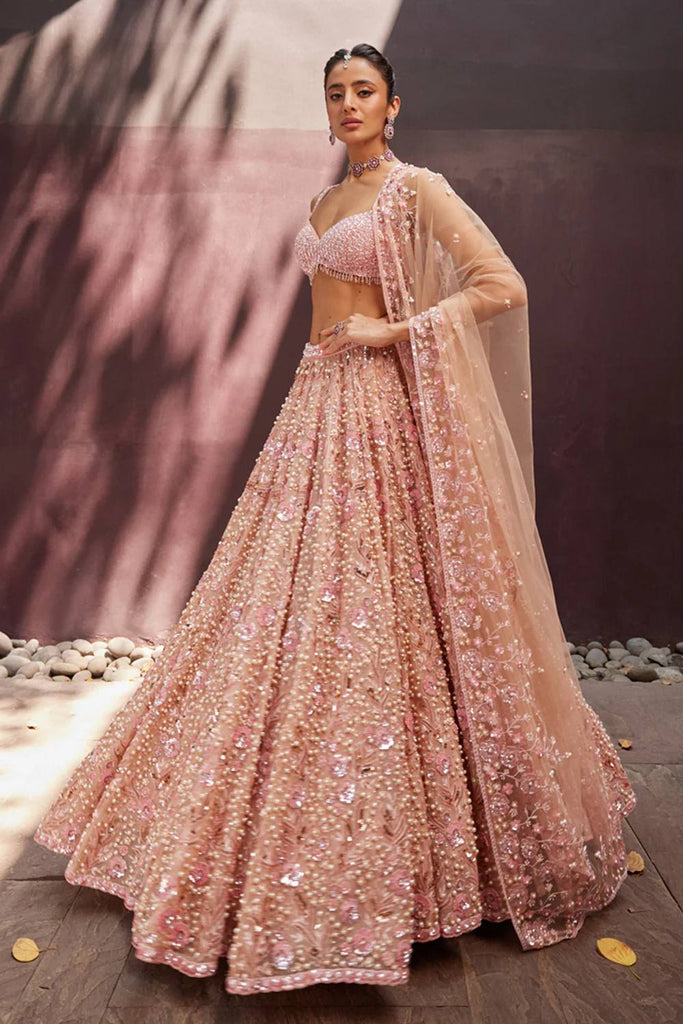 Peach Pastel Georgette Lehenga Set with Sequins, Dori & Pearl Beads Work ClothsVilla