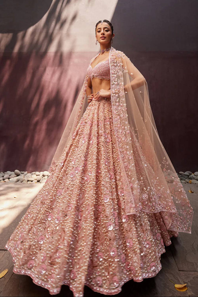 Peach Pastel Georgette Lehenga Set with Sequins, Dori & Pearl Beads Work ClothsVilla