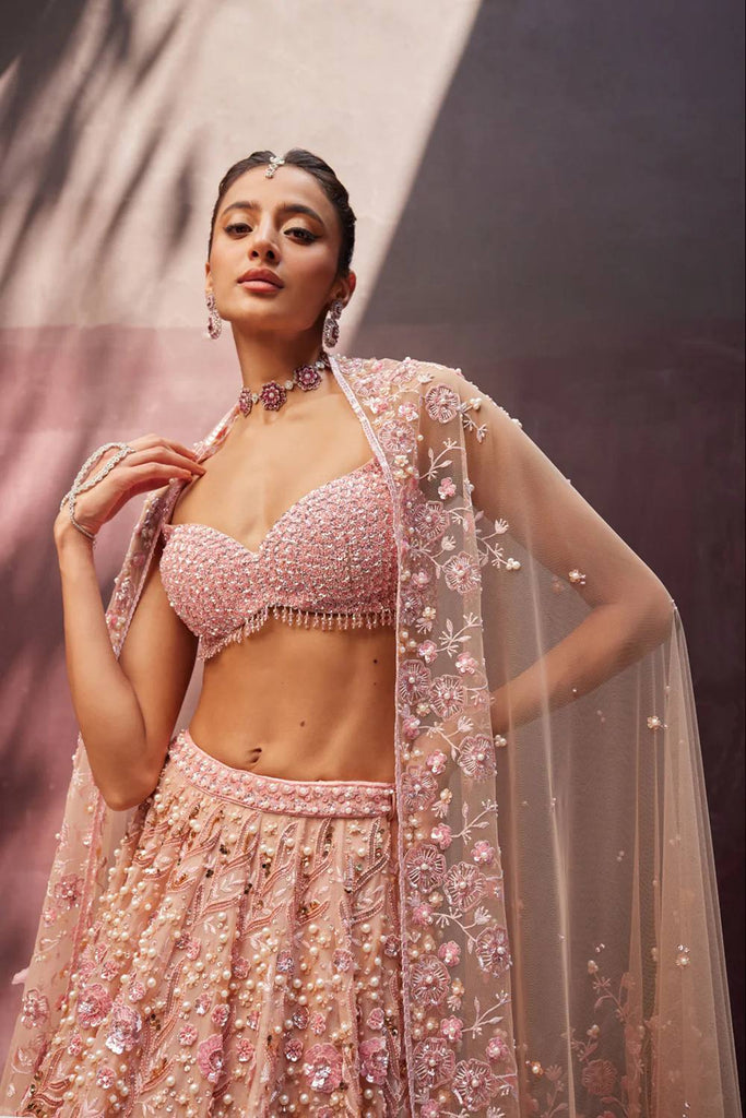 Peach Pastel Georgette Lehenga Set with Sequins, Dori & Pearl Beads Work ClothsVilla