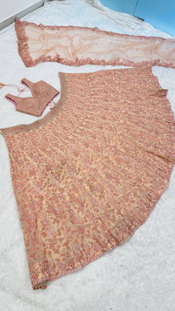Peach Pastel Georgette Lehenga Set with Sequins, Dori & Pearl Beads Work ClothsVilla