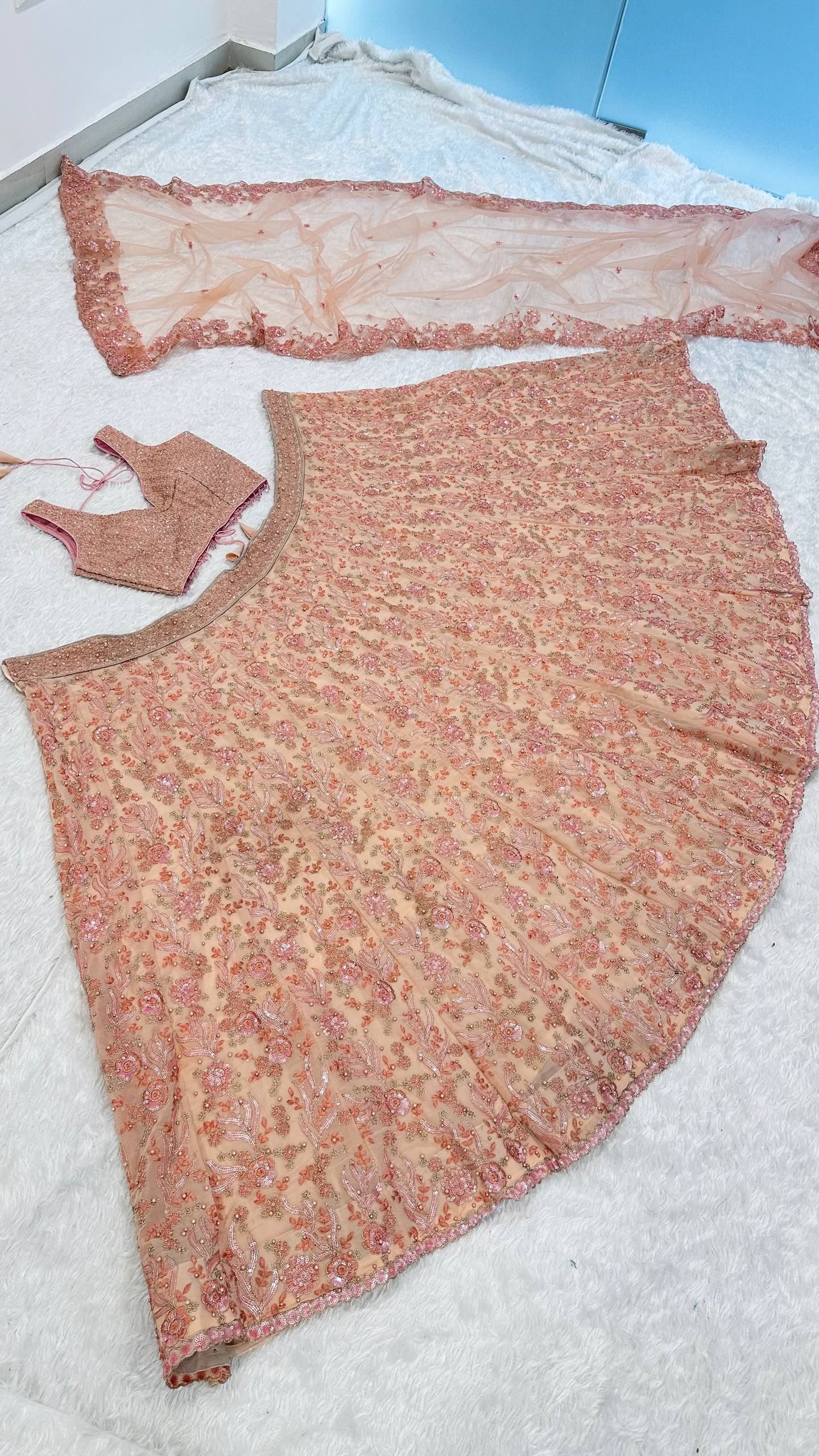 Peach Pastel Georgette Lehenga Set with Sequins, Dori & Pearl Beads Work ClothsVilla
