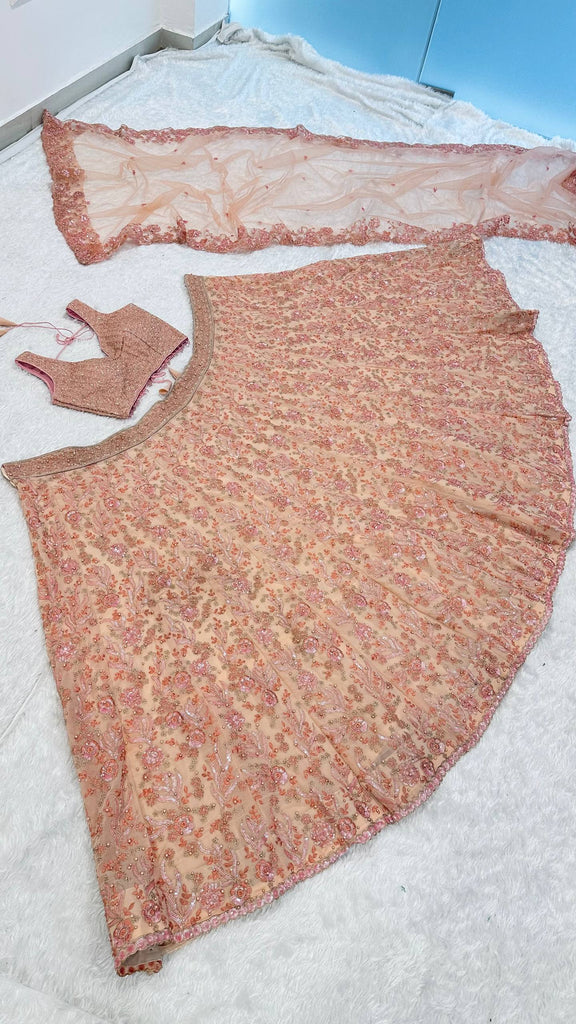 Peach Pastel Georgette Lehenga Set with Sequins, Dori & Pearl Beads Work ClothsVilla