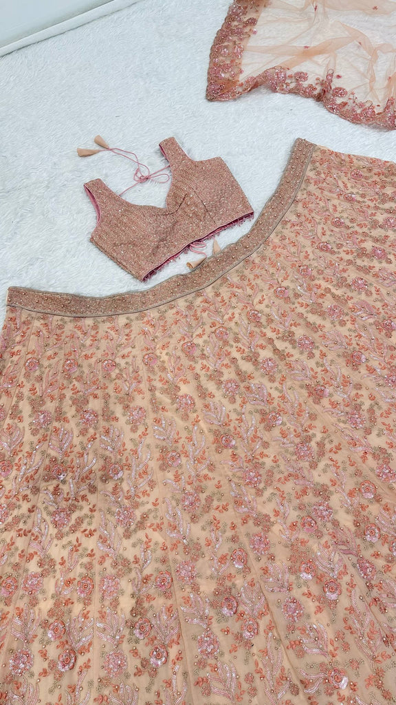 Peach Pastel Georgette Lehenga Set with Sequins, Dori & Pearl Beads Work ClothsVilla