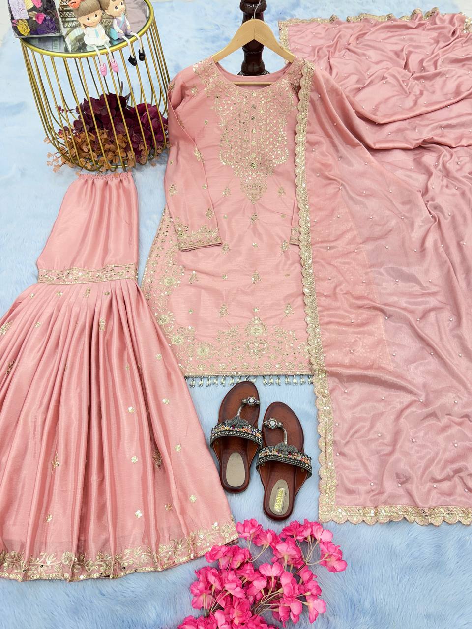 Peach Premium Designer Party Wear Chinon Silk Top, Plazzo & Dupatta Set Clothsvilla Main image