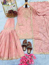 Load image into Gallery viewer, Peach Premium Designer Party Wear Chinon Silk Top, Plazzo &amp; Dupatta Set Clothsvilla