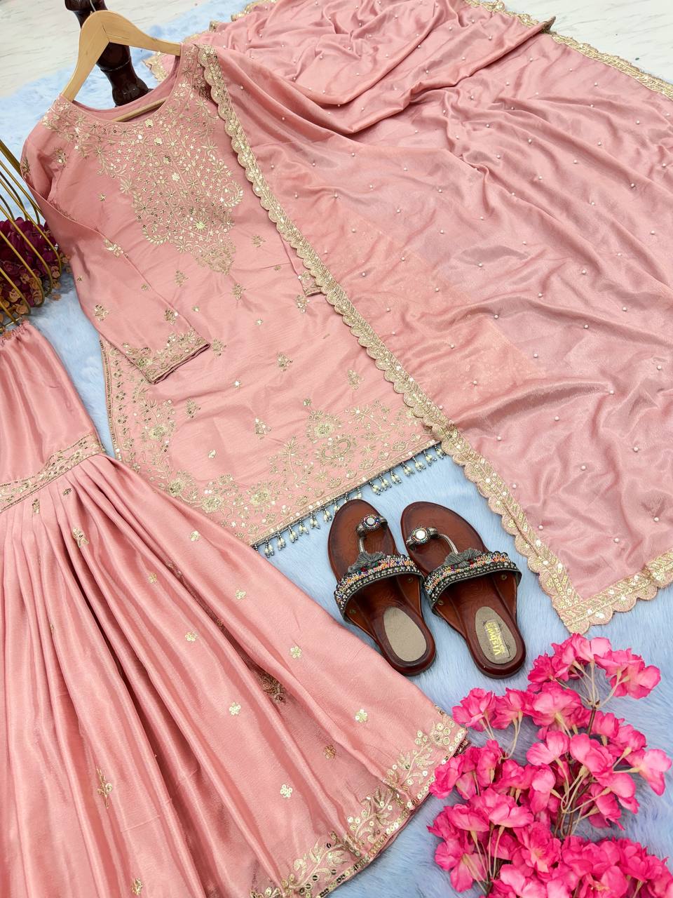 Peach Premium Designer Party Wear Chinon Silk Top, Plazzo & Dupatta Set Secondary image
