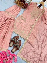 Load image into Gallery viewer, Peach Premium Designer Party Wear Chinon Silk Top, Plazzo &amp; Dupatta Set Clothsvilla