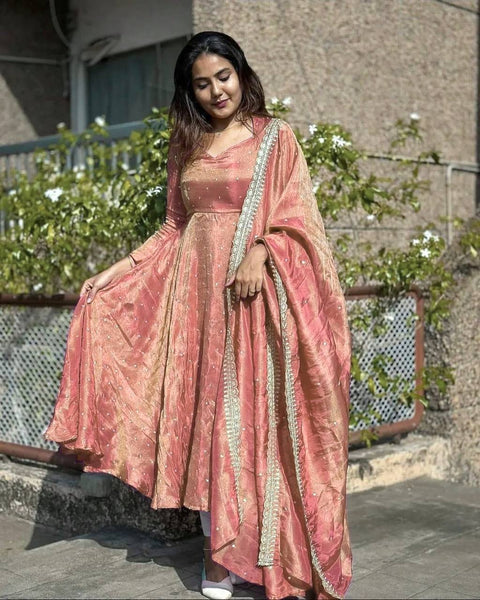 Peach Premium Designer Party Wear Pur Twil Gold Net Anarkali Gown, Dupatta Set – Elegant Festive Look ClothsVilla Main image