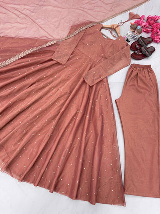 Peach Premium Designer Party Wear Pur Twil Gold Net Anarkali Gown, Dupatta Set – Elegant Festive Look ClothsVilla