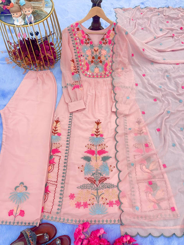 Peach Premium Designer Readymade Top, Palazzo & Dupatta Set ClothsVilla