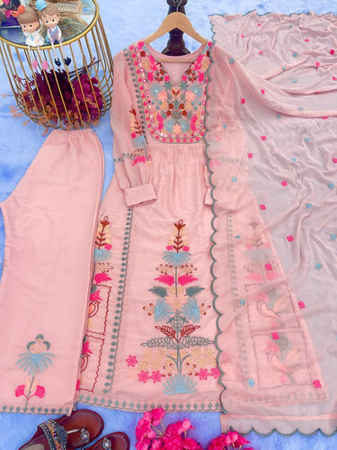 Peach Premium Designer Readymade Top, Palazzo & Dupatta Set ClothsVilla