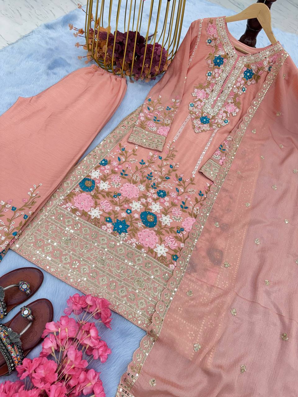 Peach Premium Designer Readymade Top Plazzo Set with Dupatta Clothsvilla