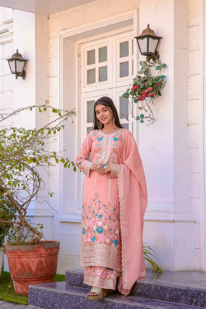 Peach Premium Designer Readymade Top Plazzo Set with Dupatta Clothsvilla