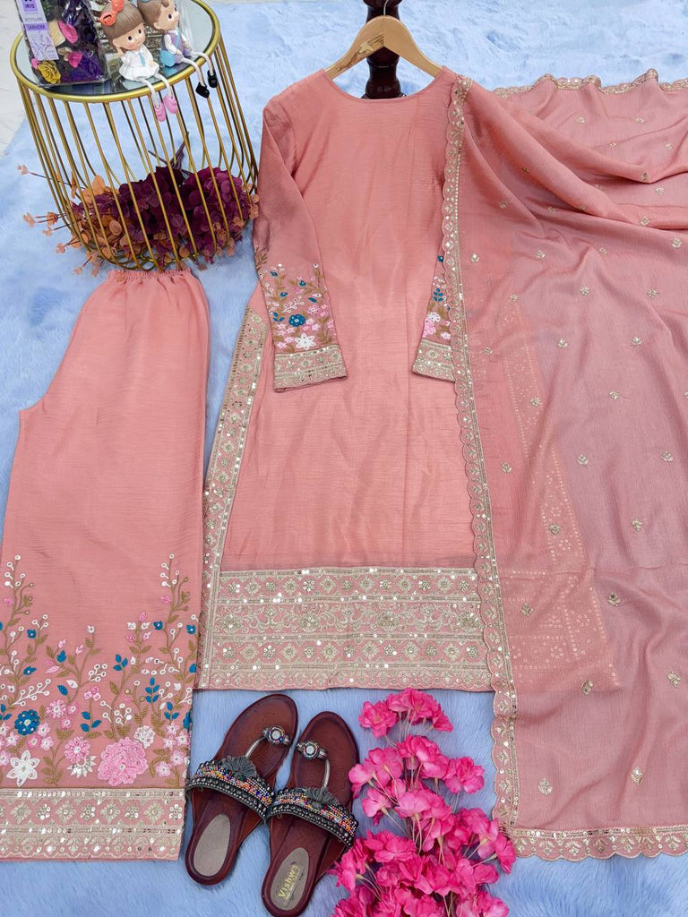 Peach Premium Designer Readymade Top Plazzo Set with Dupatta Clothsvilla