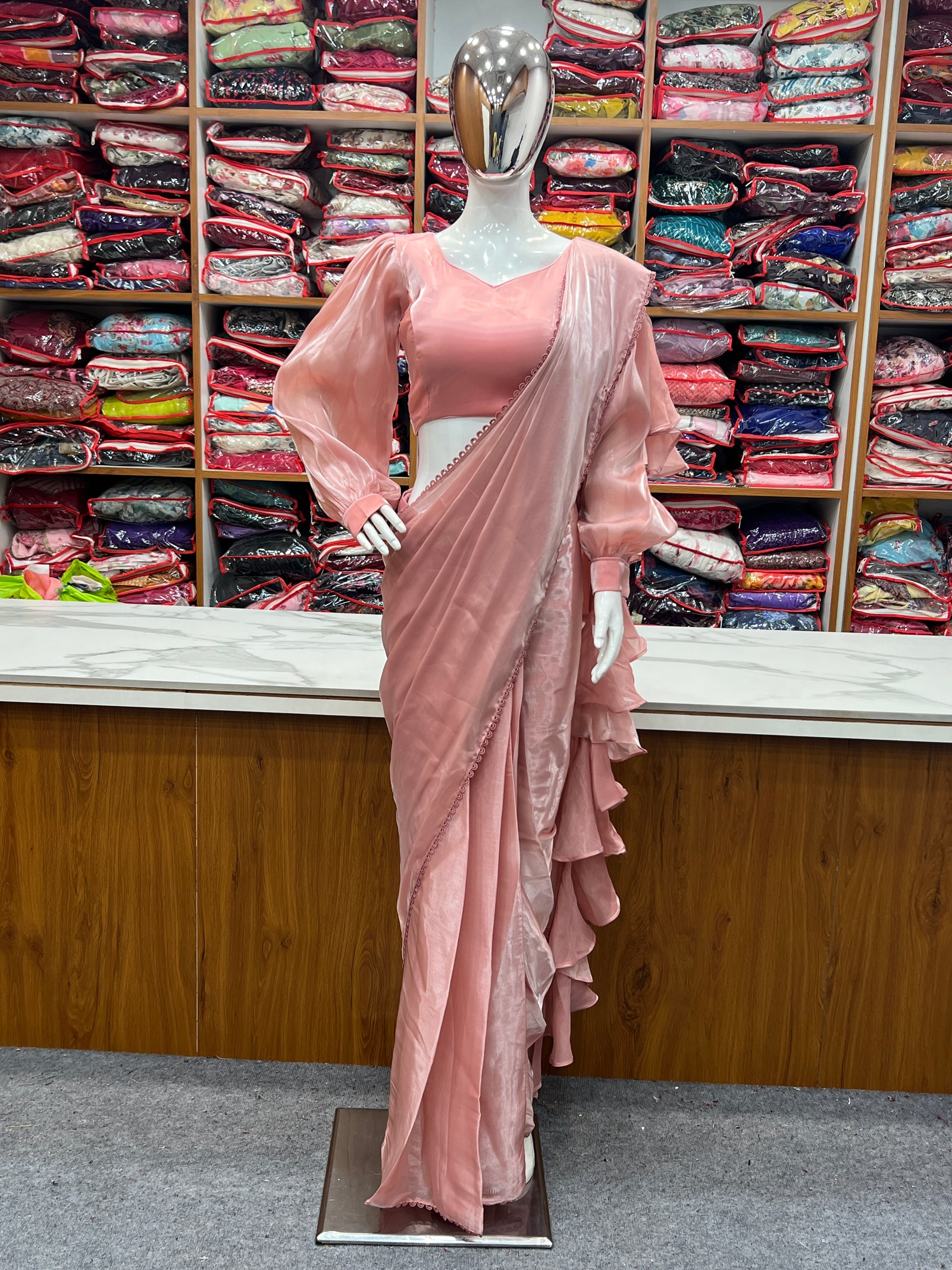 Peach Premium Ready-to-Wear Organza Ruffle Saree with Stitched Blouse