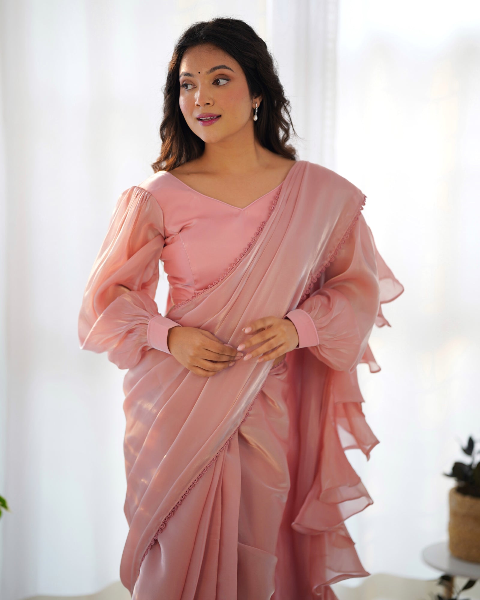 Peach Premium Ready-to-Wear Organza Ruffle Saree with Stitched Blouse