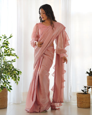 Peach Premium Ready-to-Wear Organza Ruffle Saree with Stitched Blouse