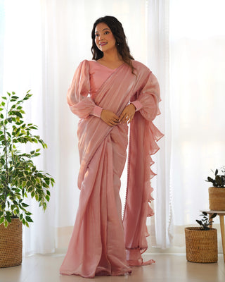 Peach Premium Ready-to-Wear Organza Ruffle Saree with Stitched Blouse