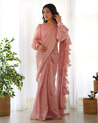 Peach Premium Ready-to-Wear Organza Ruffle Saree with Stitched Blouse