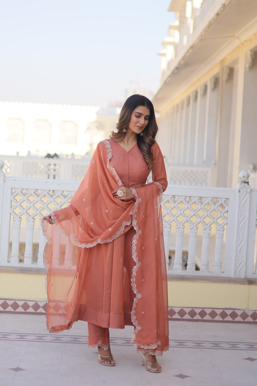Peach Premium Readymade Russian Silk Kurti Pant Dupatta Set - Graceful & Elegant ClothsVilla